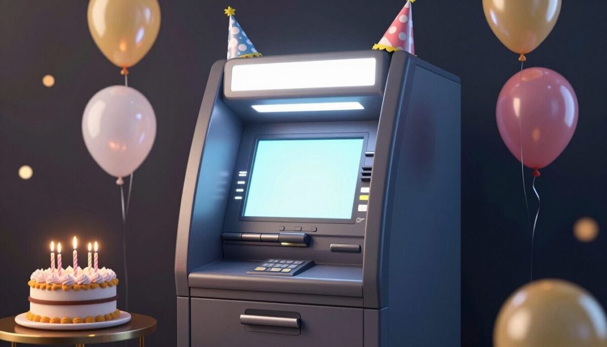 ATM machine celebrating a birthday with party hats, balloons, and a birthday cake